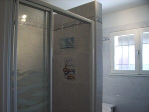 Shower, hair dryer, soap