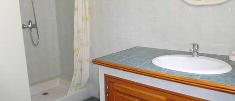 A bathroom with a shower, a sink, and a mirror.