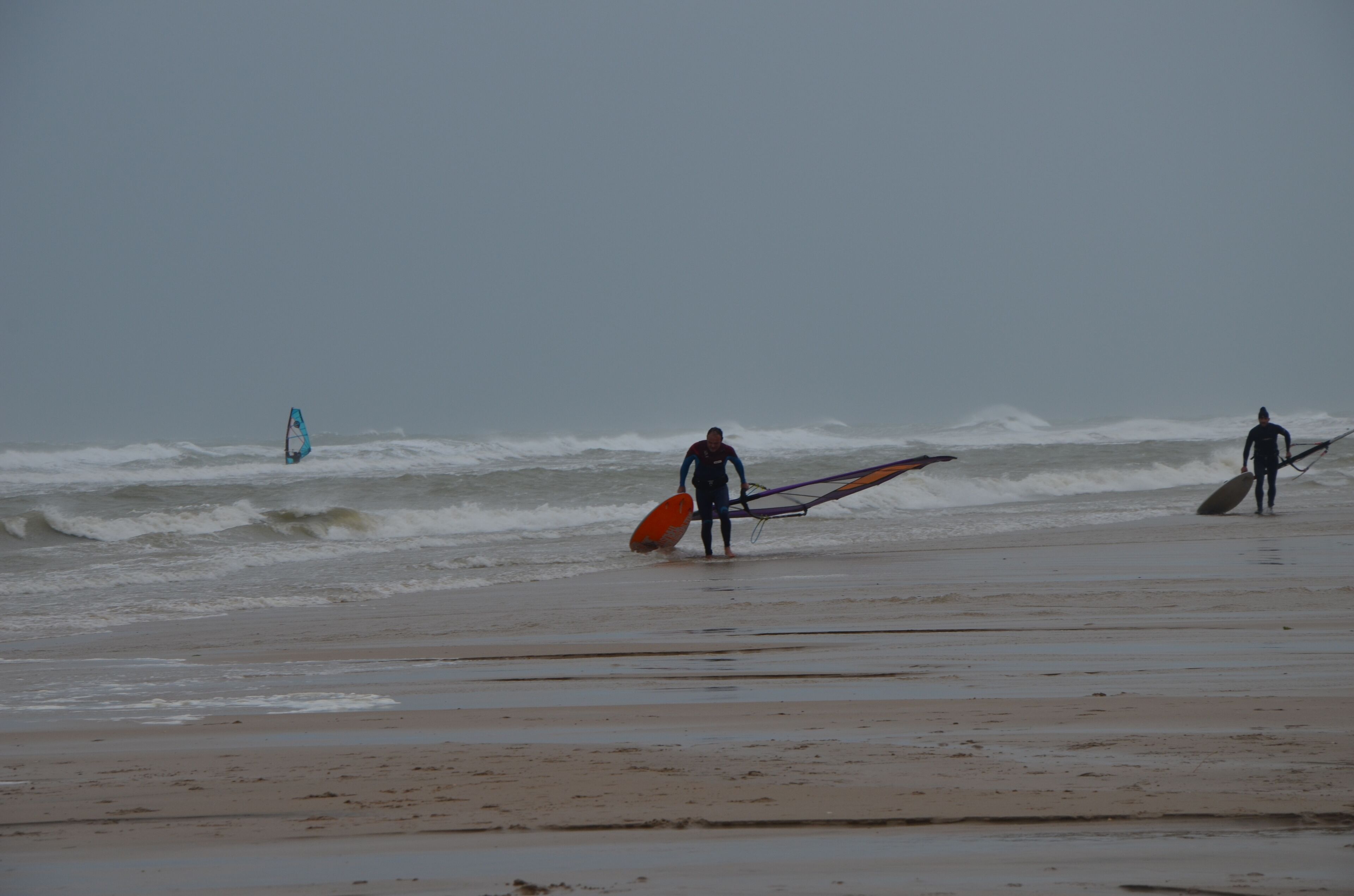 A beach with surfers walking along the shore carrying surfboards.