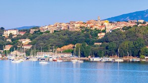 A coastal town with buildings on a hillside and a marina with boats.