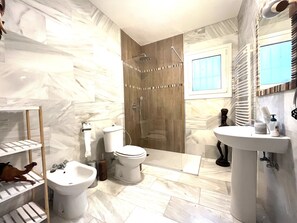 Combined shower/bathtub, hair dryer, bidet, towels