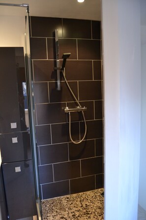 Hair dryer, towels, soap, shampoo