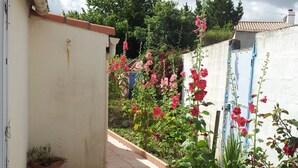A narrow pathway flanked by a white wall and a garden with various plants and flowers. - house by the sea on the Vendée coast quiet good plan (Bouin)