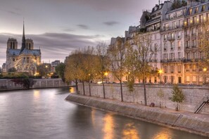 Blick auf die Seine mit dem Notre-Dame-Dom und angrenzenden historischen Gebäuden sowie einer Steinpromenade.