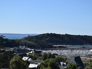 A coastal town with a marina, residential buildings, and a forested hill.