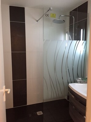 Shower, hair dryer, towels, toilet paper