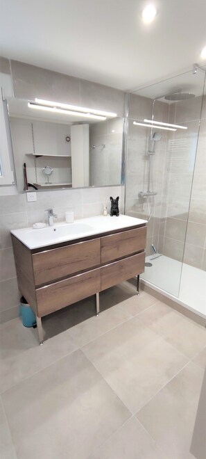 Bathtub, hair dryer, towels, soap