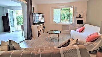 Télévision, table de tennis de table, livres