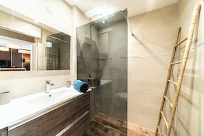 Douche, séchoir à cheveux, serviettes fournies, papier de toilette