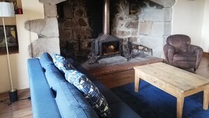 Ein Kamin aus Stein mit Schornstein, ein blaues Sofa mit gemusterten Kissen, ein Holztisch und ein Ledersessel in einem gemütlichen Raum.