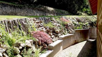 Een aangelegde tuin met een stenen keerwand, een betonnen pad en diverse planten, waaronder varens en planten met rood blad.