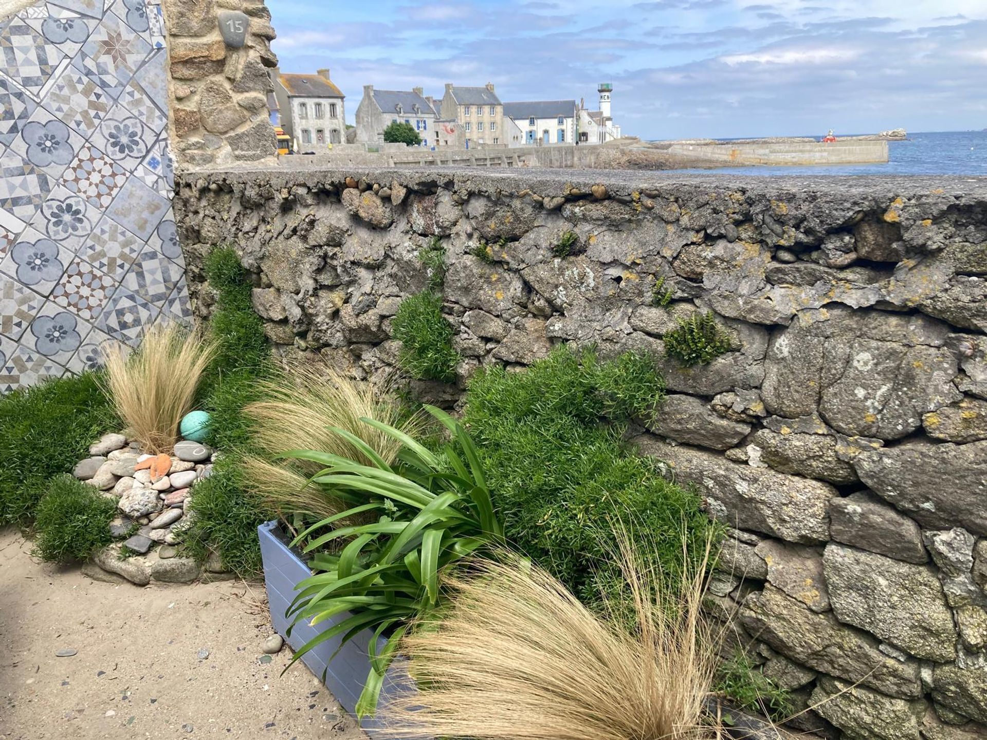 A coastal stone wall with a tiled mosaic, a grassy area with plants, and a view of buildings and the sea in the background.