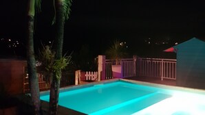 Ein Schwimmbad bei Nacht mit Zaun und Palmen.
