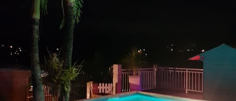 En pool på natten, omgiven av ett staket och palmer.