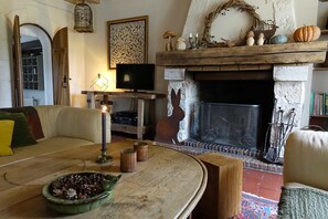 Télévision, cheminée, lecteur de DVD, livres