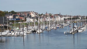 Un port de plaisance où de nombreux bateaux sont amarrés, entouré d’immeubles d’habitation.
