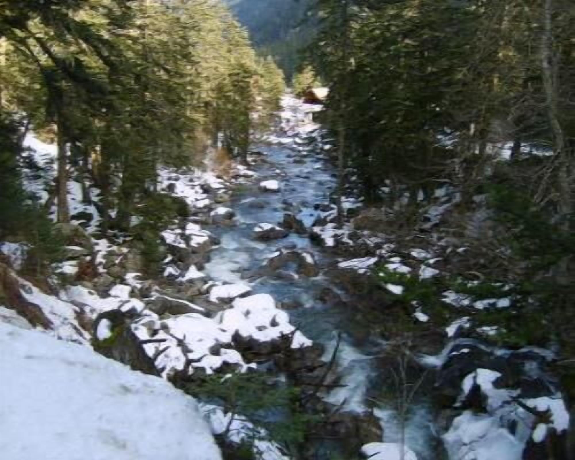 Un río estrecho rodeado de árboles y rocas cubiertas de nieve.
