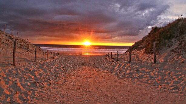 Un camino bordeando la playa que lleva al océano, con un atardecer de fondo.