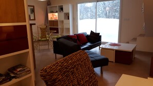 A modern living room with a black sofa, a coffee table, and a bookshelf. - TOP-OF-THE-RANGE DUPLEX 95 m2 GARDEN GROUND TO 1.8 KM SKI STATION (Bellefontaine)