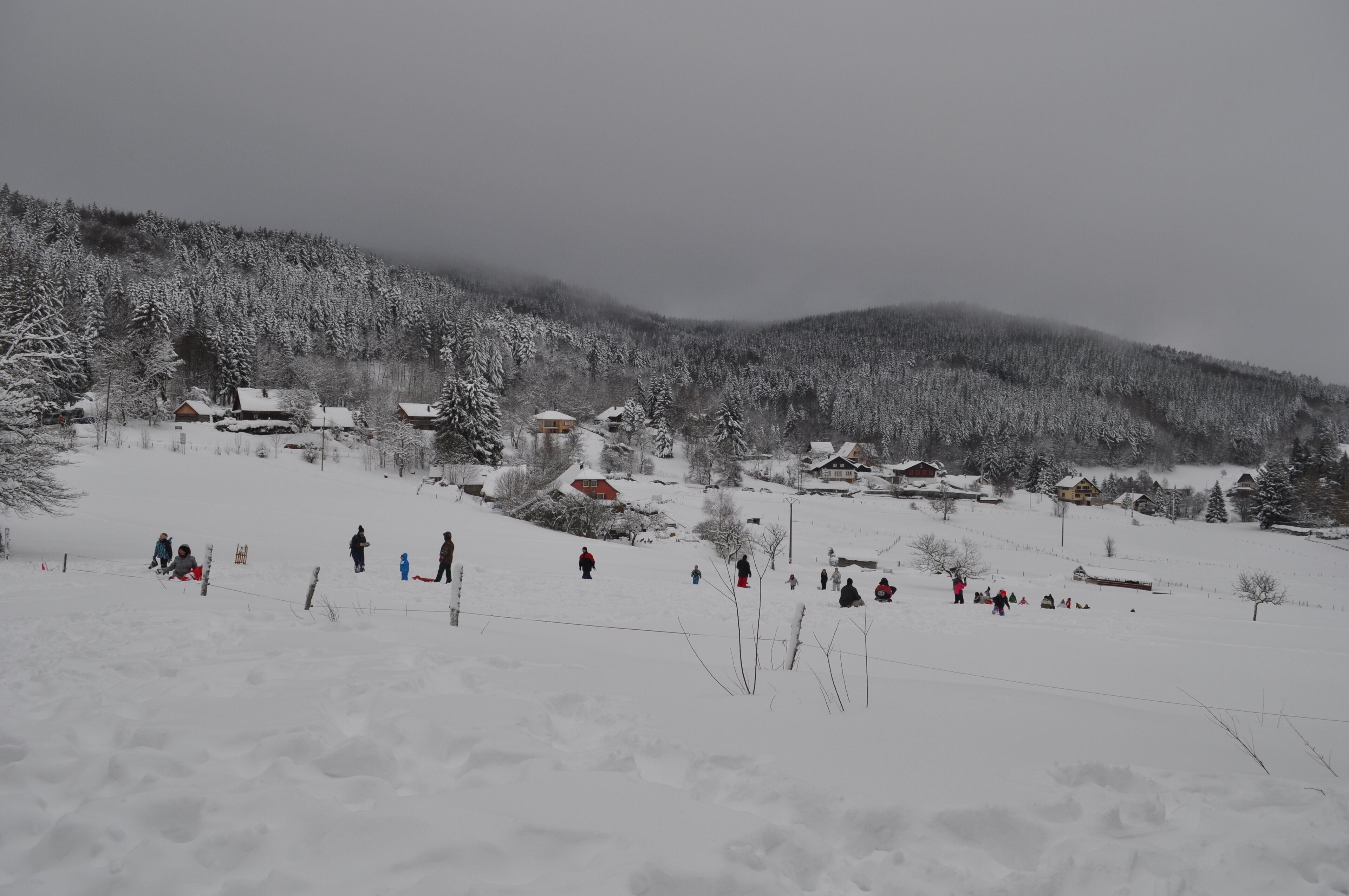 A snow-covered village with houses and people in winter attire.