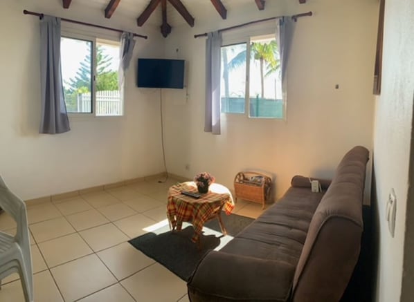 A living room with a sofa, a small table with a plant, and a TV mounted on the wall.
