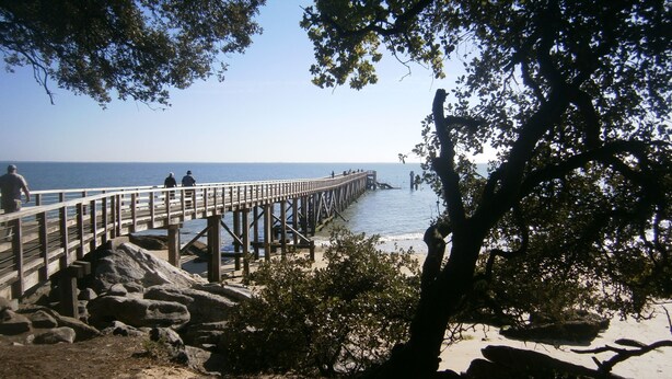 A pier extending into calm waters, surrounded by rocks and trees. - Au Vieil, house with spa, sauna, bikes 200m from the beach and shops (Noirmoutier-En-L'île)