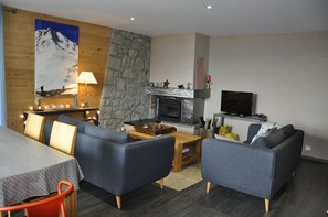 TV connectée, cheminée, lecteur de DVD, livres