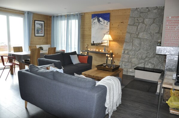 Smart TV, fireplace, DVD player, books