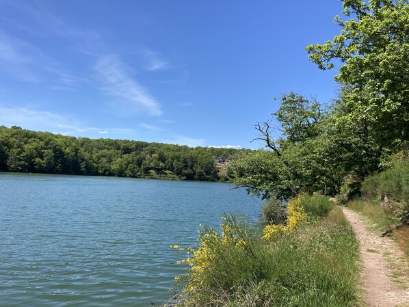Une vue paisible sur un lac, avec un sentier de terre qui mène à une maison située sur une colline.