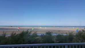 On the beach, sun loungers