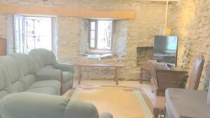 A living room with a stone wall, a sofa, a television, and a fireplace. - Exceptional setting, fresh air, peace and quiet, sleeps 12  (Anzat-le-Luguet)
