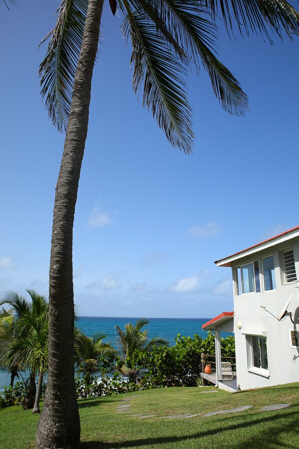 A white building with a red roof, a grassy lawn, and a view of the ocean. - Big blue, a villa with swimming pool facing the sea (Saint-Francois)