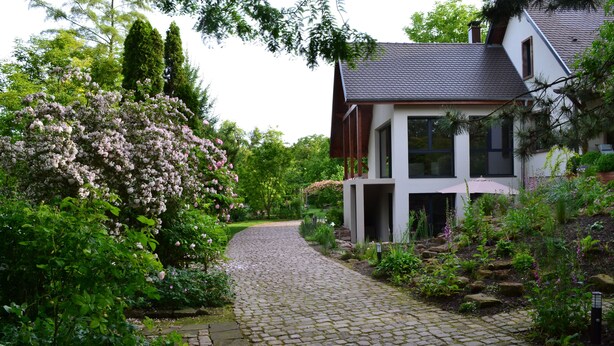 Ein Kopfsteinpflasterweg führt zu einem modernen Haus mit weißer Fassade und dunklem Dach.