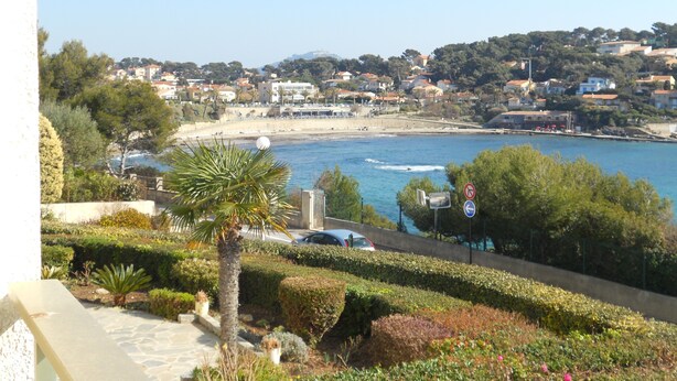 Eine Küstenstadt mit Strand, Wohnhäusern und einem gepflegten Garten mit Palmen.