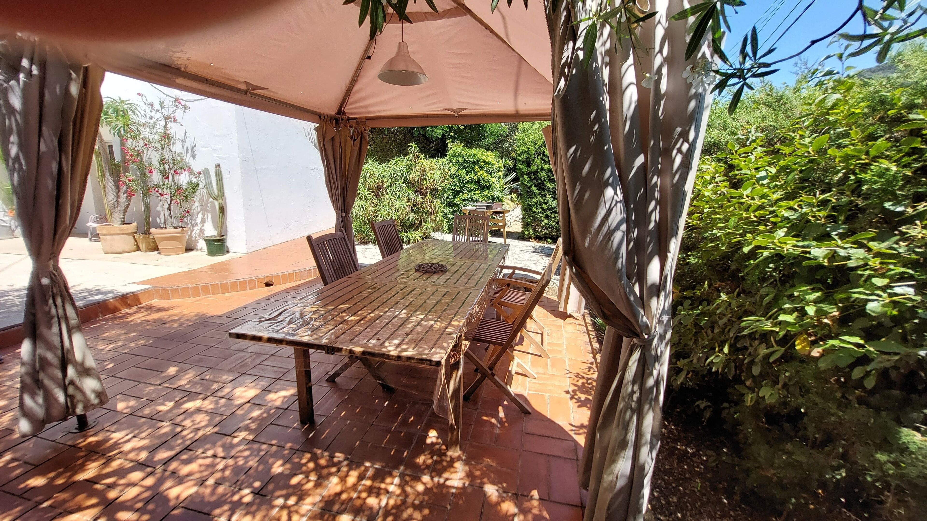 Une terrasse extérieure avec une table et des chaises en bois, entourée de plantes en pot et d’une pergola.