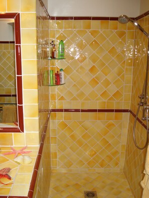 Douche, sèche-cheveux, bidet, serviettes fournies