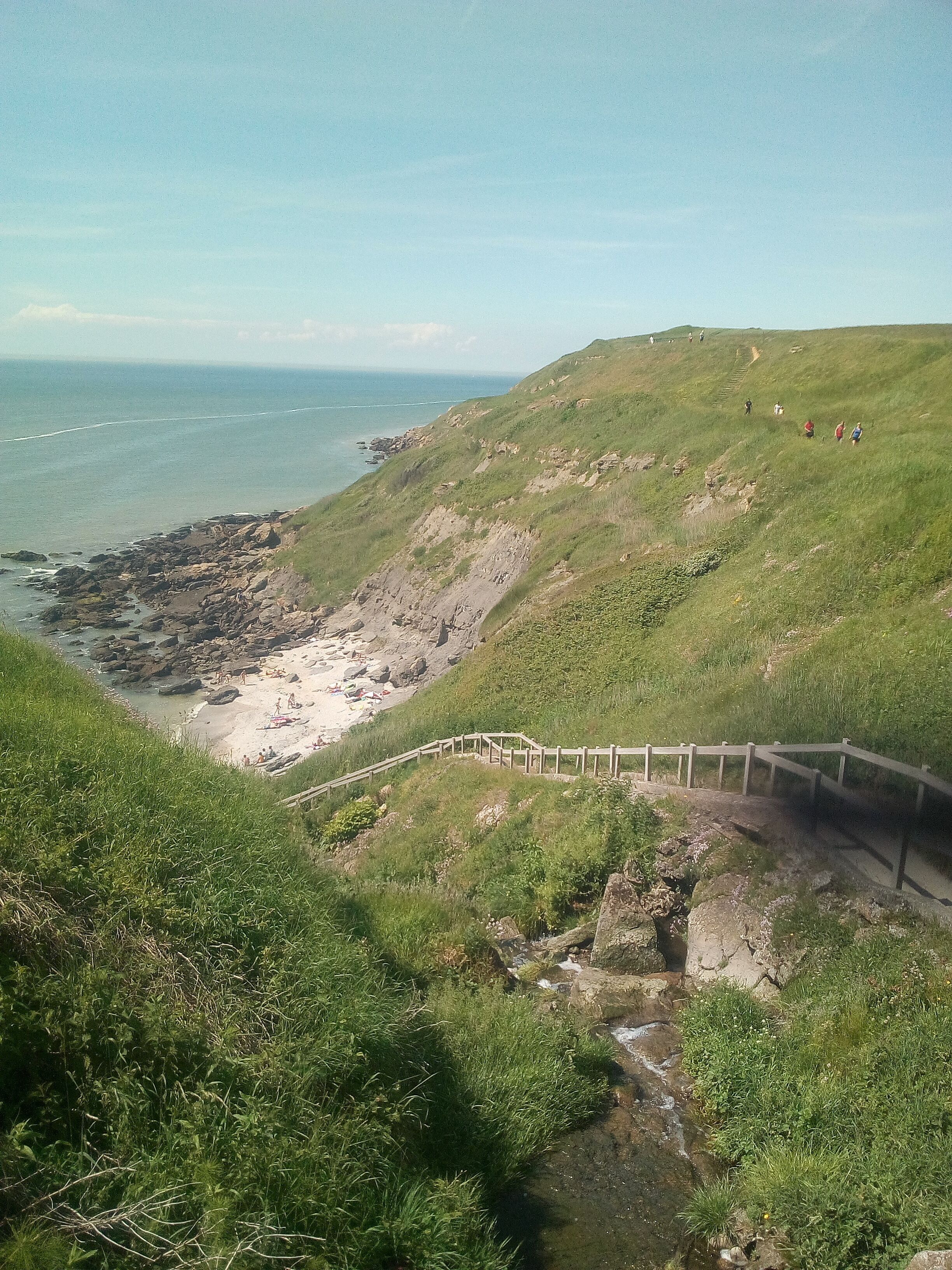 A coastal landscape with a grassy hill, a rocky beach, and a wooden pathway leading down to the shore.