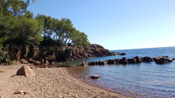 A rocky beach with clear water, trees, and a rocky cliff. - SAINT-RAPHAEL COTE D'AZUR Grand F2 pour 5p Piscine Au calme vue mer Tout à pied (Saint-Raphaël)