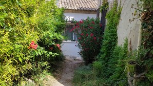 A narrow dirt path flanked by dense greenery and a building with a tiled roof.