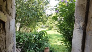 A concrete pathway leading to a garden area with a grill and a bench.