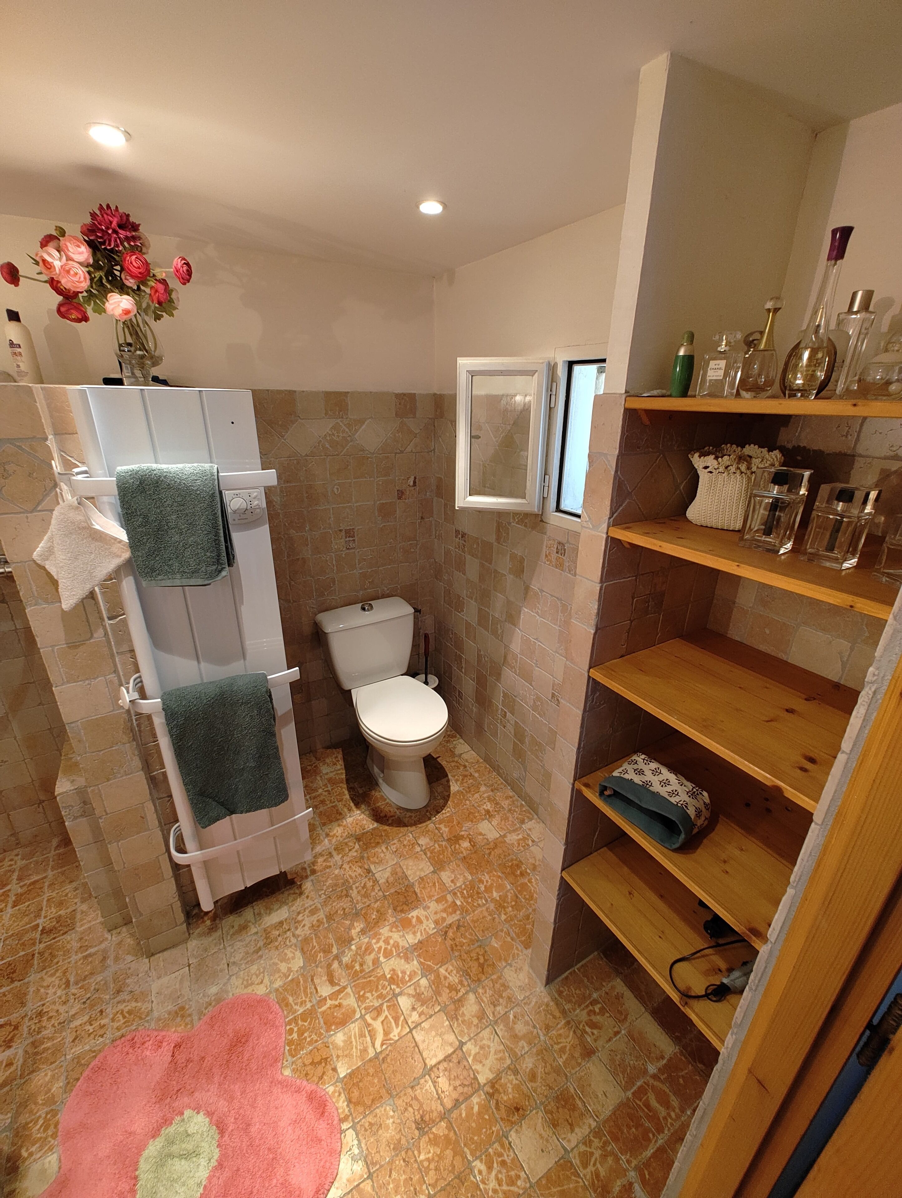 Een badkamer met een toilet, een handdoekhouder, een douche en een plank met toiletartikelen.