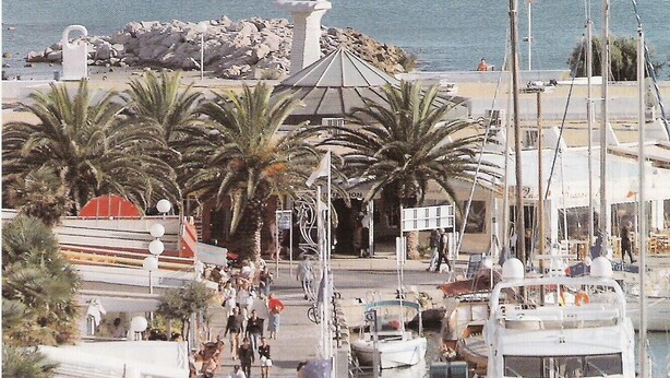 Un port de plaisance avec des bateaux amarrés, une statue et des palmiers.
