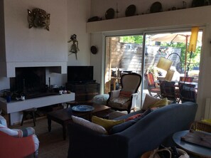 TV, fireplace, DVD player, books