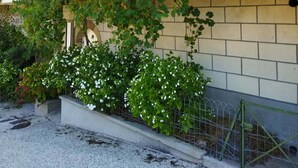Un bâtiment doté d’un balcon, d’un escalier et d’un jardin agrémenté de fleurs blanches et de feuillage verdoyant.