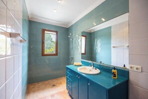 Hair dryer, towels, soap, toilet paper