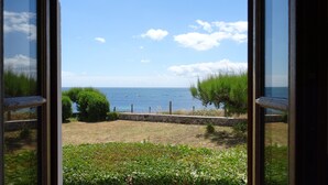 A view of the sea from a window with a stone wall and greenery in the foreground. - Exceptional sea and island view. A haven for nature in a protected site (Névez)