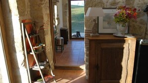 A room with a wooden cabinet, a ladder, and a window with a view of a grassy area.
