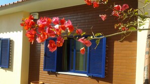 A house with a brick exterior, two windows with blue shutters, and three terracotta pots on a ledge. - Near the beach, detached single-storey house, enclosed garden, nearby golf course (Vila Nova de Gaia)