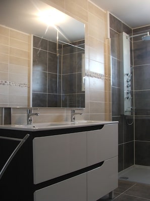 Shower, hair dryer, towels, toilet paper