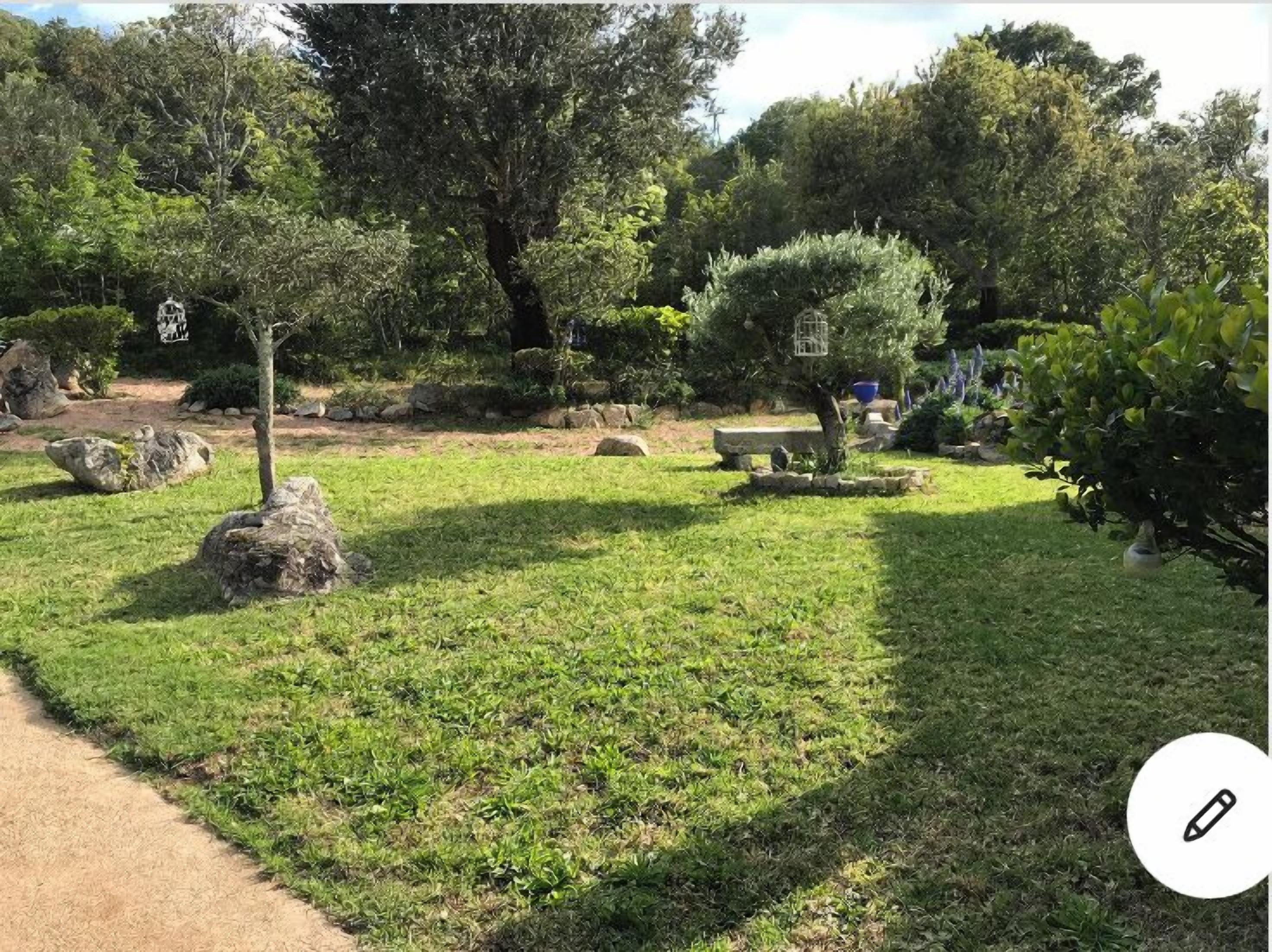 Un jardin agrémenté de divers arbres, d’un banc en pierre et d’un chemin bien tracé.